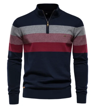 AIOPESON Men's Patchwork Pullover Sweater Cotton Casual Zipper Mock Neck Sweater for Men New Winter Fashion Warm Sweater for Men 1