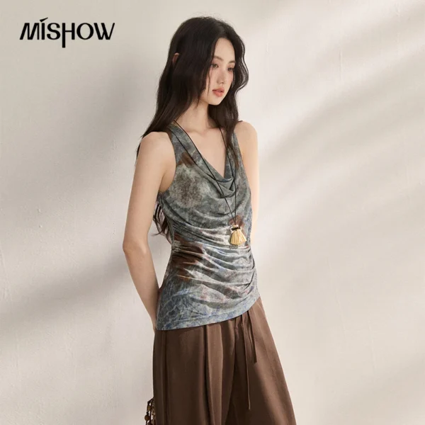 MISHOW Women Blue Handmade Tie-Dye Tank Top 2026 Summer New Cowl Neck Ruched Waist Irregular Hem Slim Casual Vest MXF22D2372