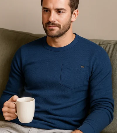AIOPESON Men's Long Sleeve T-Shirt Waffle Cotton Solid Color Single Pocket Basic Breathable Top for Autumn 1