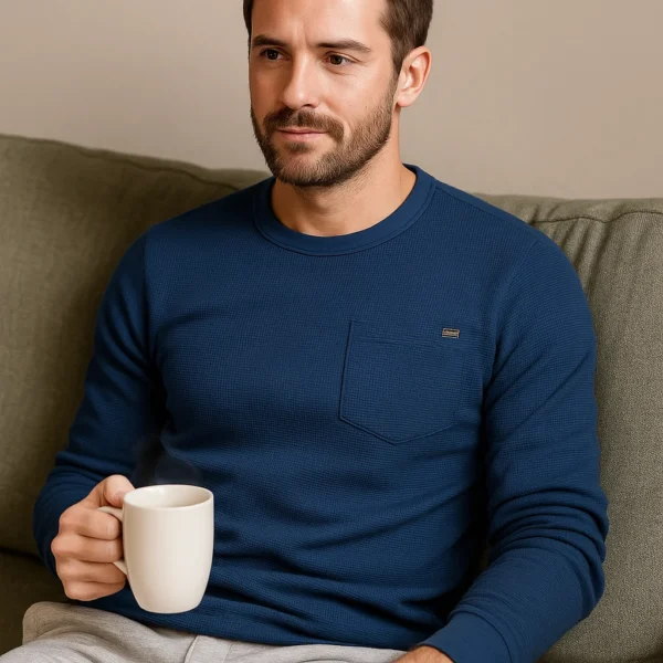 AIOPESON Men’s Long Sleeve T-Shirt Waffle Cotton Solid Color Single Pocket Basic Breathable Top for Autumn