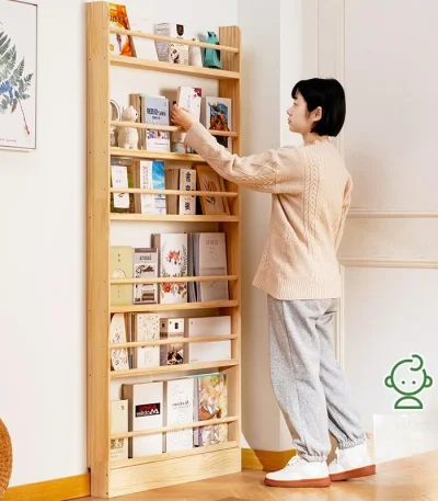 Simple solid wood bookshelf, floor-to-ceiling against the wall, household children’s bookcase, picture book rack, storage rack
