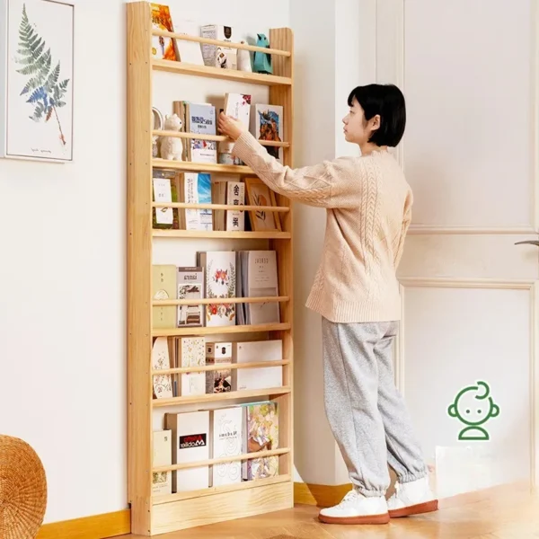 Simple solid wood bookshelf, floor-to-ceiling against the wall, household children’s bookcase, picture book rack, storage rack