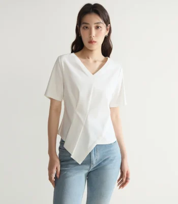 DUSHU 【4 colors】V-Neck Women Cotton Black Short Sleeve Tees Round Neck Front Shoulder White Pleated T-Shirts 24DS82342+24DS82496 1