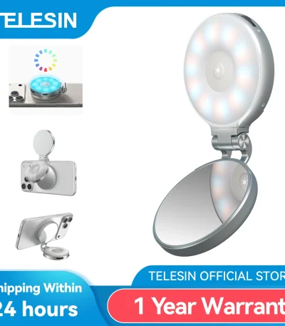 TELESIN Magnetic 360° Rotation RGB Fill Light Mini Selfie Light 3 Mode Adjustable Color Brightness for Smartphone Iphone Android
