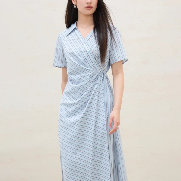 DUSHU 2025 Summer Women’s Surplice Shirt Dress – Button-Down Collar & Midi Length for Office to Casual Wear 25DS82142