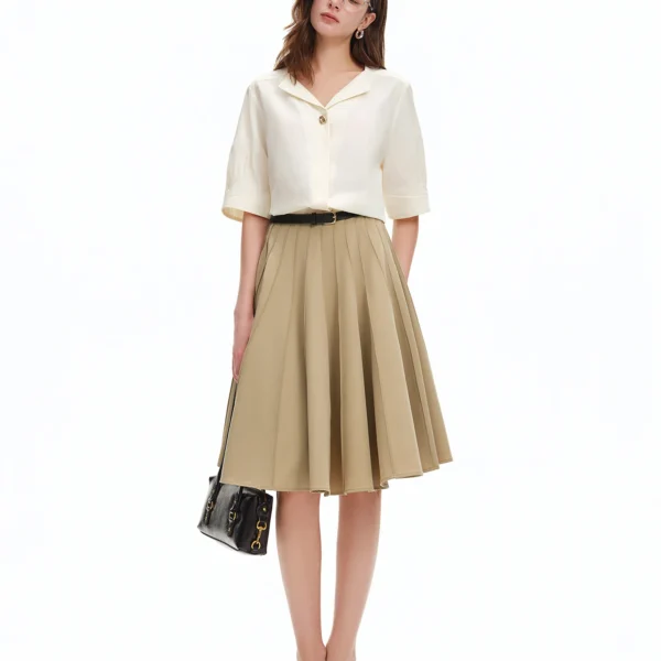 DUSHU 2026 Summer Women’s High Waist A-Line Pleated Skirt with Panel Design – Minimalist Office Ready Midi for Daily