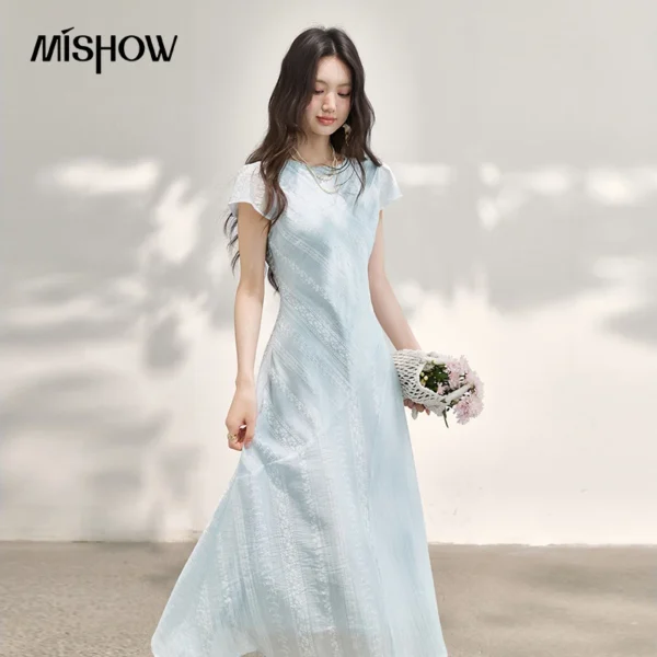 MISHOW Blue French Round Neck Dress For Women 2026 Summer Irregular Splicing Flower Embroidery Fairy Elegant Dress MXF28L2765