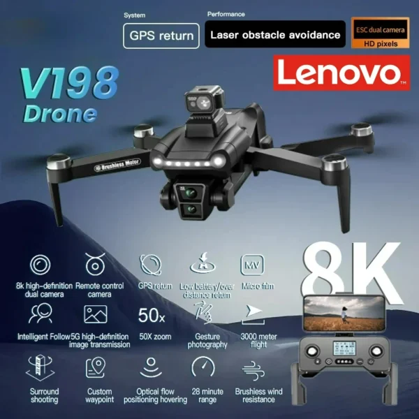 Lenovo V198GPS Drone 4K Profesional FPV Brushless Laser obstacle avoidance Aerial Optical Foldable Quadcopter Mini 8K Dron
