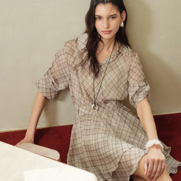 DUSHU 2026 Summer Women Plaid A-Line Dress V Neck Short Sleeve Chiffon Dress Soft Anti Wrinkle Commute Dress Daily Casual Wear