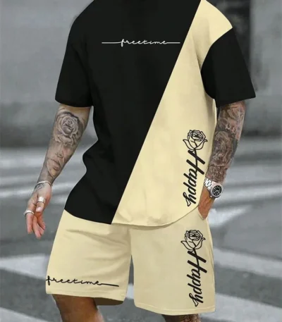 2025 hot selling spliced pattern men's T-shirt round neck short sleeved drawstring shorts outdoor breathable quick drying short 1