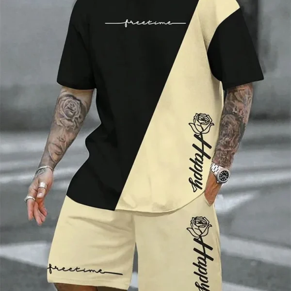2025 hot selling spliced pattern men’s T-shirt round neck short sleeved drawstring shorts outdoor breathable quick drying short