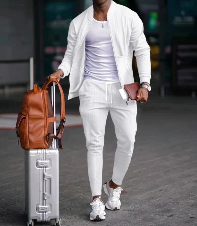 Autumnwinter men's casual blazer set new fashion Waffle baseball suit round neck pocket zipper long sleeve trousers two-piece se 1