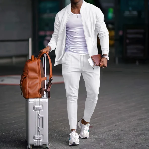 Autumnwinter men’s casual blazer set new fashion Waffle baseball suit round neck pocket zipper long sleeve trousers two-piece se