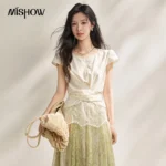 MISHOW New French-style Twisted Crossover Waist-cinching Blouses Lace Patchwork Slim Fit Elegant Short Sleeve Top MXF22X2603