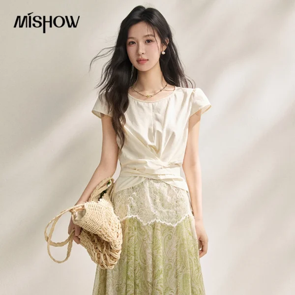 MISHOW New French-style Twisted Crossover Waist-cinching Blouses Lace Patchwork Slim Fit Elegant Short Sleeve Top MXF22X2603