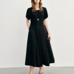 DUSHU Pleated Waist-defined Dress 2025 Summer New Short Sleeve Fashion Commuter MIdi-length Dresses25DS88027