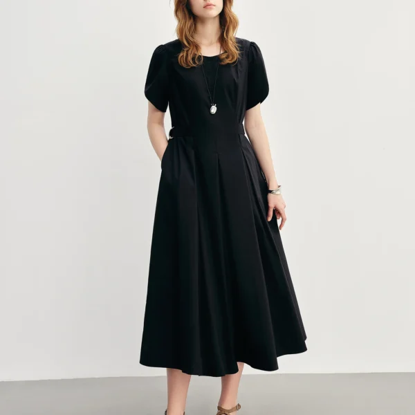 DUSHU Pleated Waist-defined Dress 2025 Summer New Short Sleeve Fashion Commuter MIdi-length Dresses25DS88027