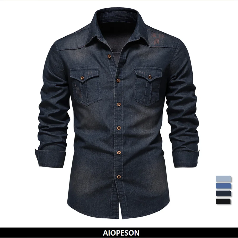 AIOPESON Brand Elastic Cotton Denim Shirt Men Long Sleeve Quality Cowboy Shirts for Men Casual Slim Fit Mens Designer Clothing AIOPESON Brand Elastic Cotton Denim Shirt Men Long Sleeve Quality Cowboy Shirts for Men Casual Slim Fit Mens Designer Clothing