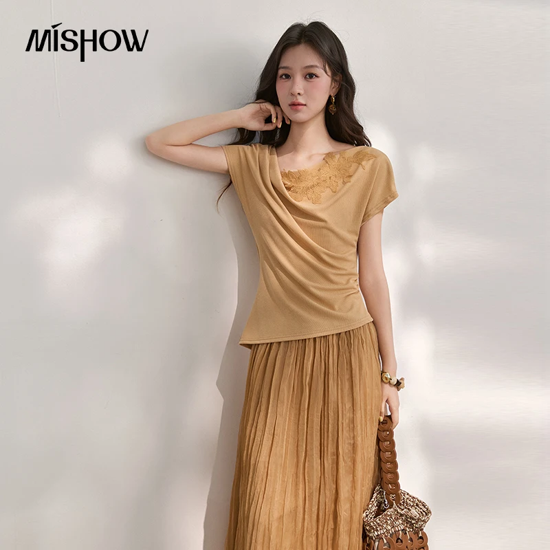 MISHOW Women's Orange Draped Cowl Neck Dress 2026 Summer Lace Applique Ruched Fake Two Piece Pleated Mesh Midi Dress MXF31L2801 1