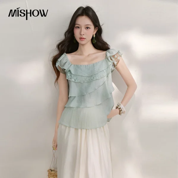 MISHOW Women’s Sweet Square Neck Blouses 2026 Summer Lace Embroidery Irregular Ruffle Blouse Elegant Blend Fabric Top MXF29X2726