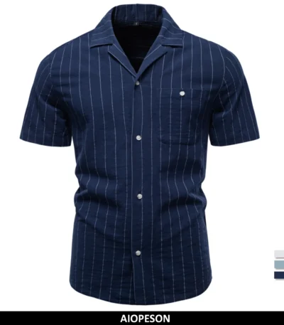 AIOPESON Men’s Casual Shirt Stripe Design Short Sleeve Button Pocket Cotton Soft Breathable Summer Lightweight Daily Shirts 1