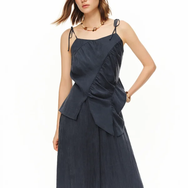 DUSHU 2026 Summer Women Shirred Camisole Trousers Two Piece Set Drawstring Relaxed Fit Lounge Co-ord Beach Casual Vacation Style