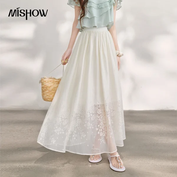 MISHOW Women’s White Hem Floral Midi Skirt 2026 Summer Elastic High Waist Flowy Skirts A Line Long Fairy Long Skirt MXF28B2553