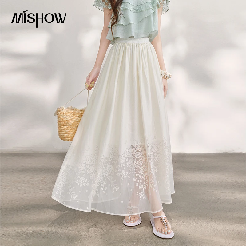 MISHOW Women's White Hem Floral Midi Skirt 2026 Summer Elastic High Waist Flowy Skirts A Line Long Fairy Long Skirt MXF28B2553 1