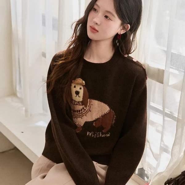 MISHOW Women’s French Crew Neck Pullover Sweaters 2025 Winter Loose Dog Jacquard Knitted Top (Scarf Not Included) MXE94Z2890