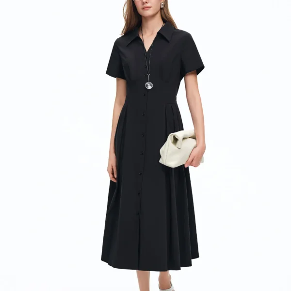 DUSHU Women’s Versatile Shirt-inspired Waist-cinching Dress Office Casual Slimming Fit Summer 2026 New Arrival Cotton Contain