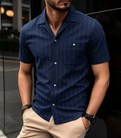 AIOPESON Men's Casual Stripe Design Shirt Short Sleeve Button Pocket Cotton Soft Breathable Lightweight Summer Daily Wear 1