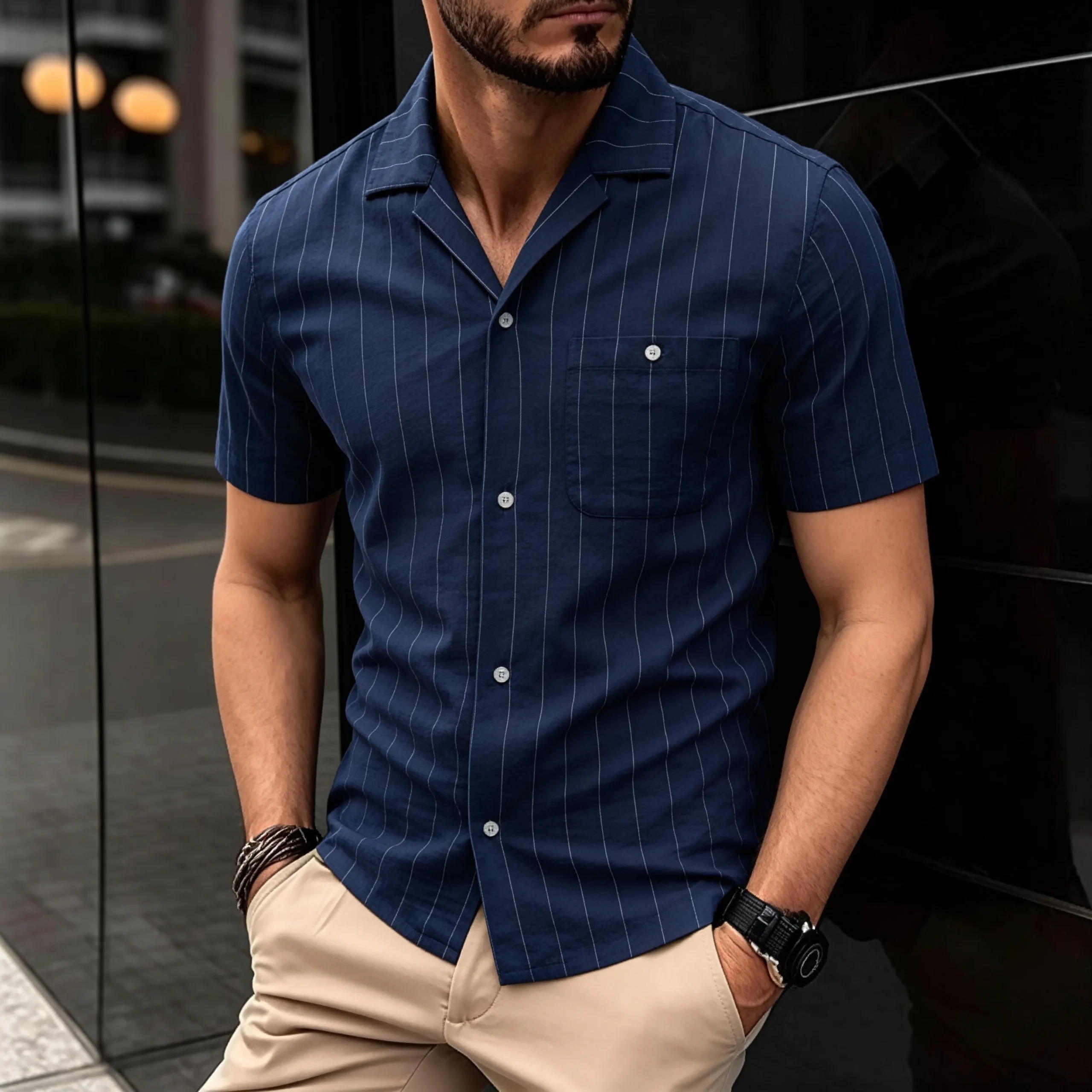 AIOPESON Men’s Casual Stripe Design Shirt Short Sleeve Button Pocket Cotton Soft Breathable Lightweight Summer Daily Wear AIOPESON Men’s Casual Stripe Design Shirt Short Sleeve Button Pocket Cotton Soft Breathable Lightweight Summer Daily Wear