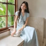 MISHOW Women’s 100% Cotton Midi Dress 2026 Summer Ruffle V Neck Lace-up Waist Puff Sleeve A-line Casual Long Dresses MXF28L2741