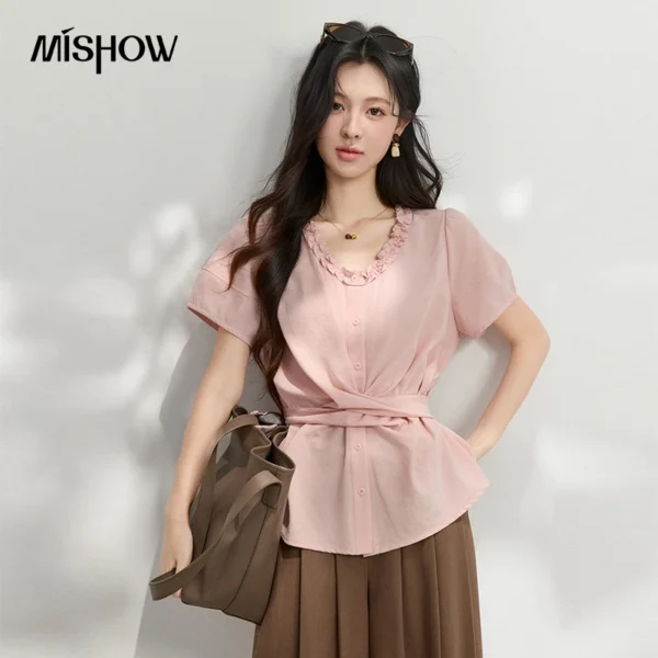 MISHOW Twisted Waist Shirt For Women 2026 Summer Fungus Edge V-Neck Gentle Mature French Retro Fashion Slimming Top MXF26X2659