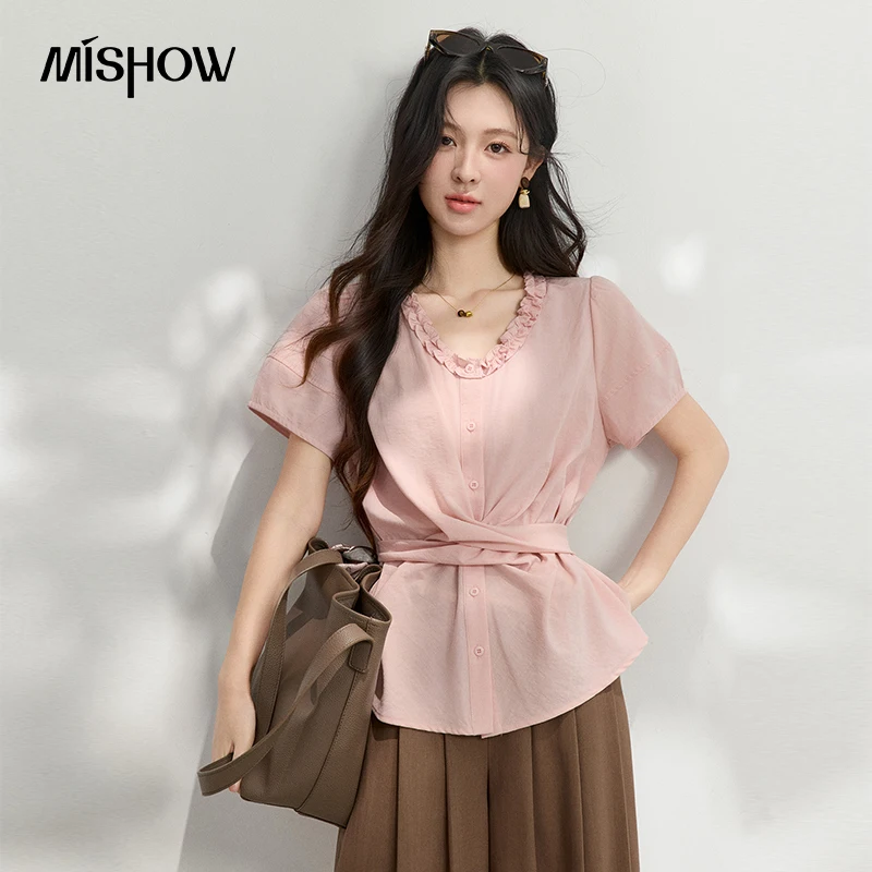 MISHOW Twisted Waist Shirt For Women 2026 Summer Fungus Edge V-Neck Gentle Mature French Retro Fashion Slimming Top MXF26X2659 MISHOW Twisted Waist Shirt For Women 2026 Summer Fungus Edge V-Neck Gentle Mature French Retro Fashion Slimming Top MXF26X2659
