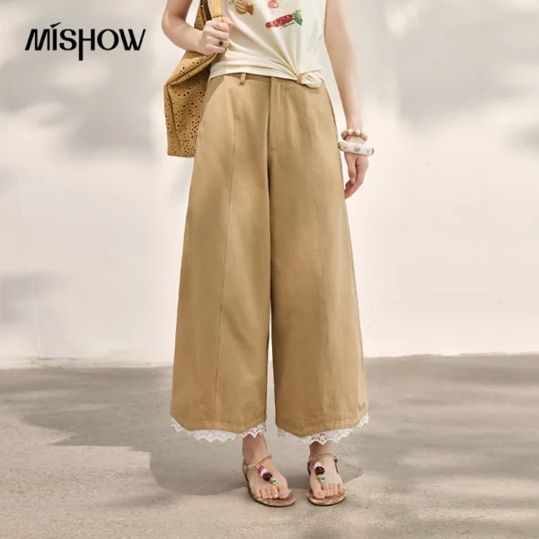 MISHOW Khaki High Waisted Wide Leg Cropped Pants For Women 2026 Summer Lace Trimmed Hem Retro Casual Loose Pants MXF24K1294