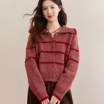 MISHOW Christmas Women’s Retro Red Striped Large Lapel Knitted Cardigan 2025 Winter Color Block Fleece Patchwork Tops MXE94Z2888