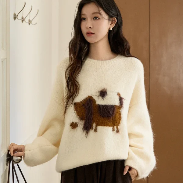 MISHOW Women’s Solid Knitted Sweater 2025 Autumn Winter Dog Pattern Jacquard Crew Neck Fluffy Warm Loose Pullover Top MXE94Z2988