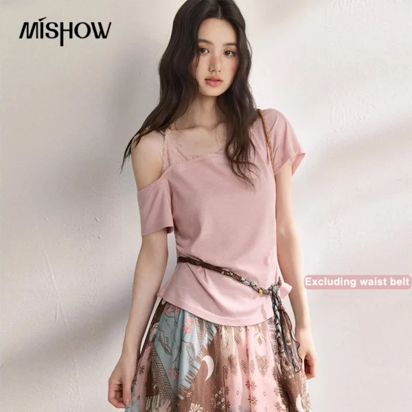 MISHOW Women Asymmetrical Off Shoulder T-shirt 2026 Summer New Lace Halter Ruched Slim Fit Casual Daily Wear Tees MXF24T1602