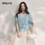 MISHOW Lightweight Breathable Ruffles Edge Blouse Women’s 2026 Summer V-Neck Puff Sleeves Gentle Casual Loose Top MXF27X2706