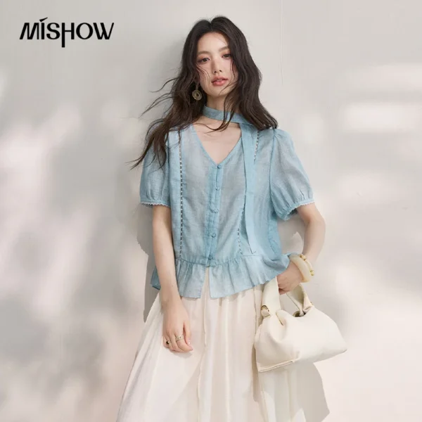 MISHOW Lightweight Breathable Ruffles Edge Blouse Women’s 2026 Summer V-Neck Puff Sleeves Gentle Casual Loose Top MXF27X2706