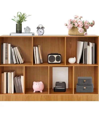 2 Tiers 7 Compartments Walnut Rectangular Storage Shelf Bookshelf Storage Shelves with Thoughtful Back Panels 1