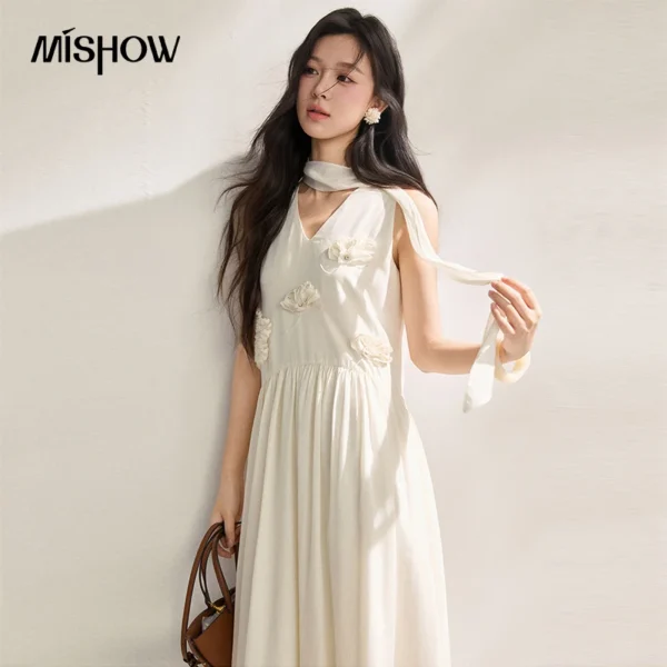 MISHOW Women’s Lyocell 3D Flower Midi Dress 2026 Summer New V Neck Sleeveless A-line Dress Elegant Vacation Sundress MXF22L2637