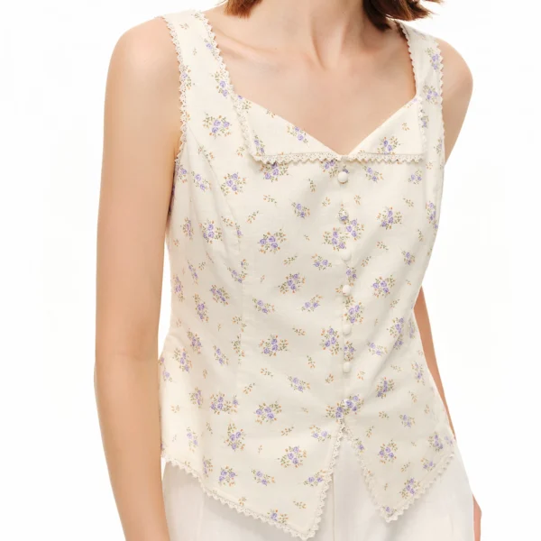 DUSHU Women Wisteria Blossom Sweet Floral Printed Camisole Top | 2026 Summer New Arrival  Elegant Floral Linen Sleeveless Blouse