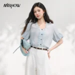 MISHOW Women’s Textured Blouse 2026 Summer V Neck Lace Ruffle Trim Blouses Puff Short Sleeve Vintage Casual Tops MXF20C2515