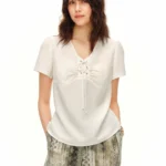 DUSHU Women V Neck Drawstring Tie Blouse 2026 Summer Short Sleeve Slim Waist Breathable Fabric Soft Casual Daily Top