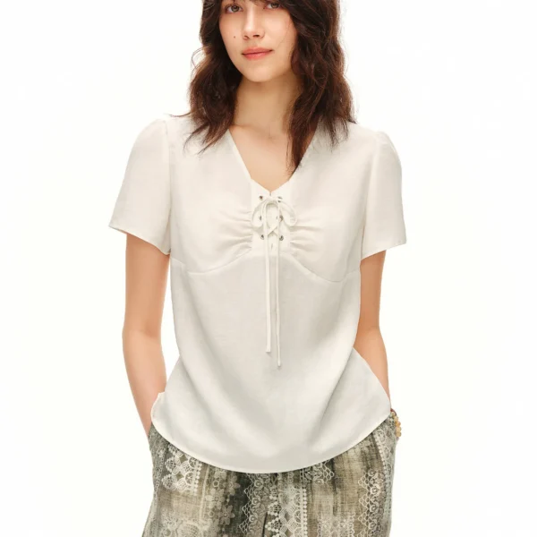 DUSHU Women V Neck Drawstring Tie Blouse 2026 Summer Short Sleeve Slim Waist Breathable Fabric Soft Casual Daily Top
