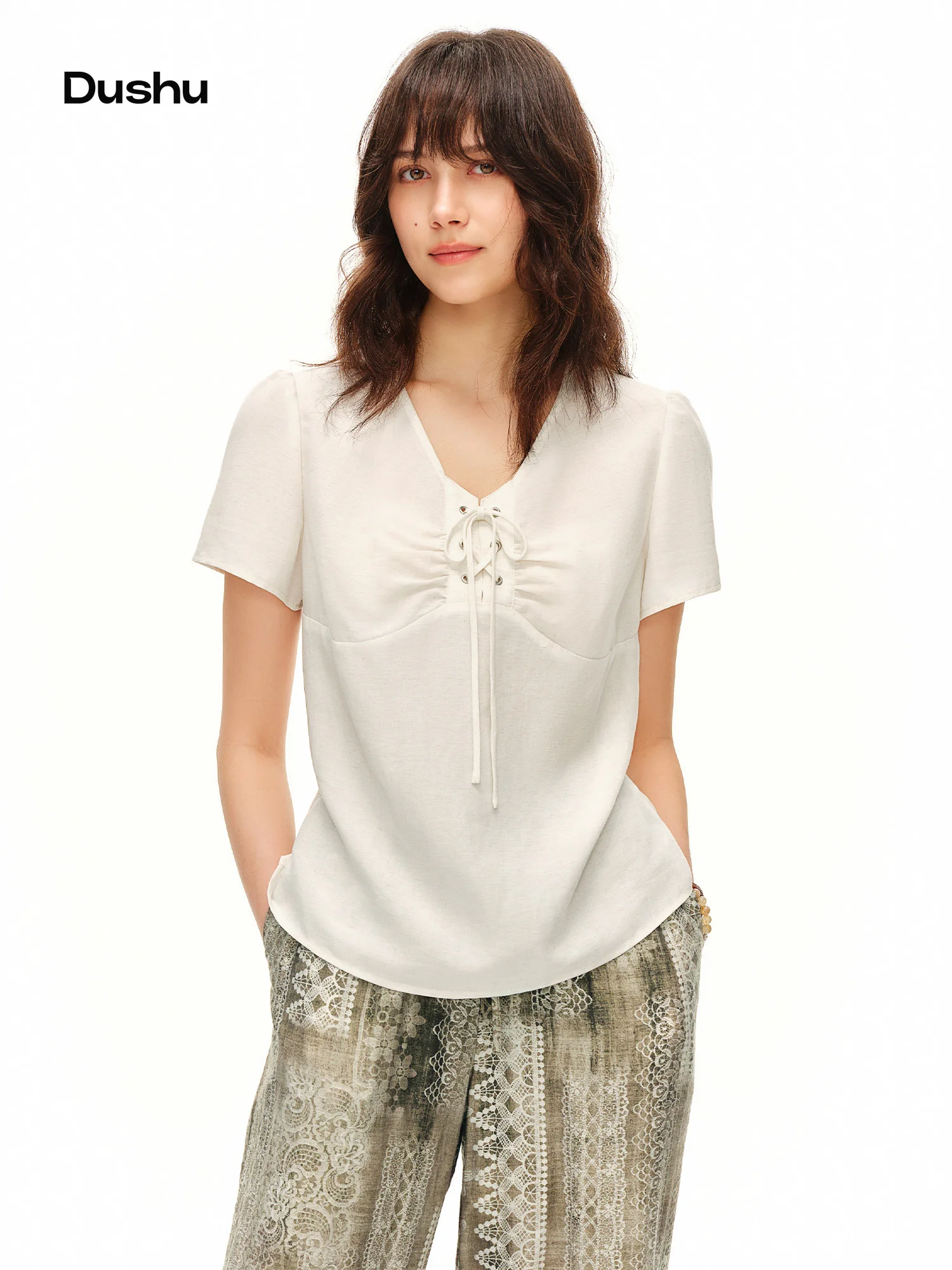 DUSHU Women V Neck Drawstring Tie Blouse 2026 Summer Short Sleeve Slim Waist Breathable Fabric Soft Casual Daily Top DUSHU Women V Neck Drawstring Tie Blouse 2026 Summer Short Sleeve Slim Waist Breathable Fabric Soft Casual Daily Top