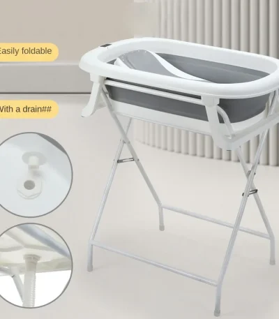 Newborn Bath Tub with Stand Set: Back-Friendly Bathing and Changing Table, Foldable, with Drain and Non-Slip Base for Baby