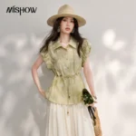 MISHOW Women’s Green Embroidery Shirt 2026 Summer Lapel Collar Ruffle Sleeve Drawstring Waist Slim Commute Casual Top MXF28C2509